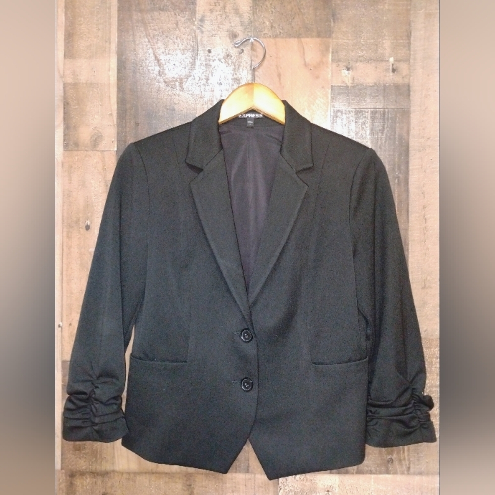Express Blazer 3/4 inch Cinched Sleeve Jacket Size 10 Black Fitted Office